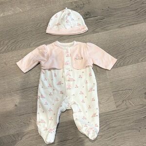 Little Me Pink and White Baby Bunny One Piece with Hat